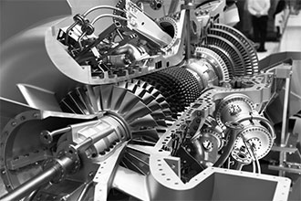 engine of an airplane in section black and white