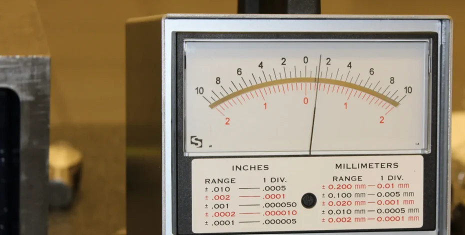 A Starrett brand electronic gage. The center interface shows an indicator measuring both inches and millimeters. Inches are indicated in black while millimeters are indicated in red. Below the console is a silver/gray console with various ports. On the left reads the words 'Electronic Gage.' Just below that are two indicators, the indicator on the left lights up green, indicating that the gage is measuring in inches. Next to these two indicators is the brand name "Starrett: in red. In the center of the console is a dial, and around that dial are numbers that indicate tolerance ranges. Next to this dial are two buttons. The button on the left reads 'Data send,' while the button on the right reads 'calibration.'