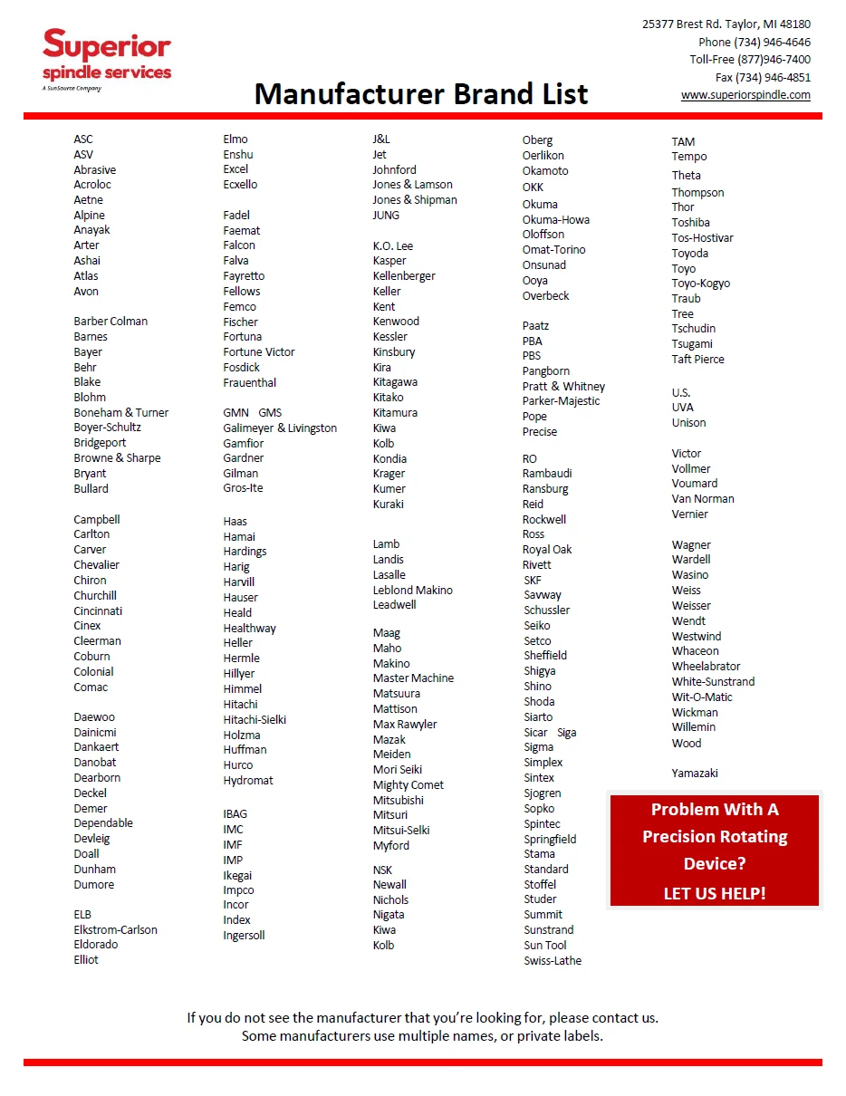 Superior Spindle Service - Brand List Line Card